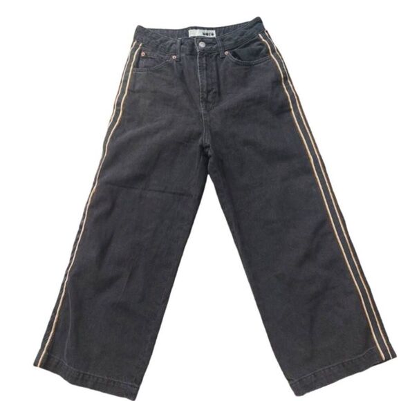 TOPSHOP MOTO Black Wide Leg Crop Jeans Gold Side Stripe 26 - Picture 3 of 13
